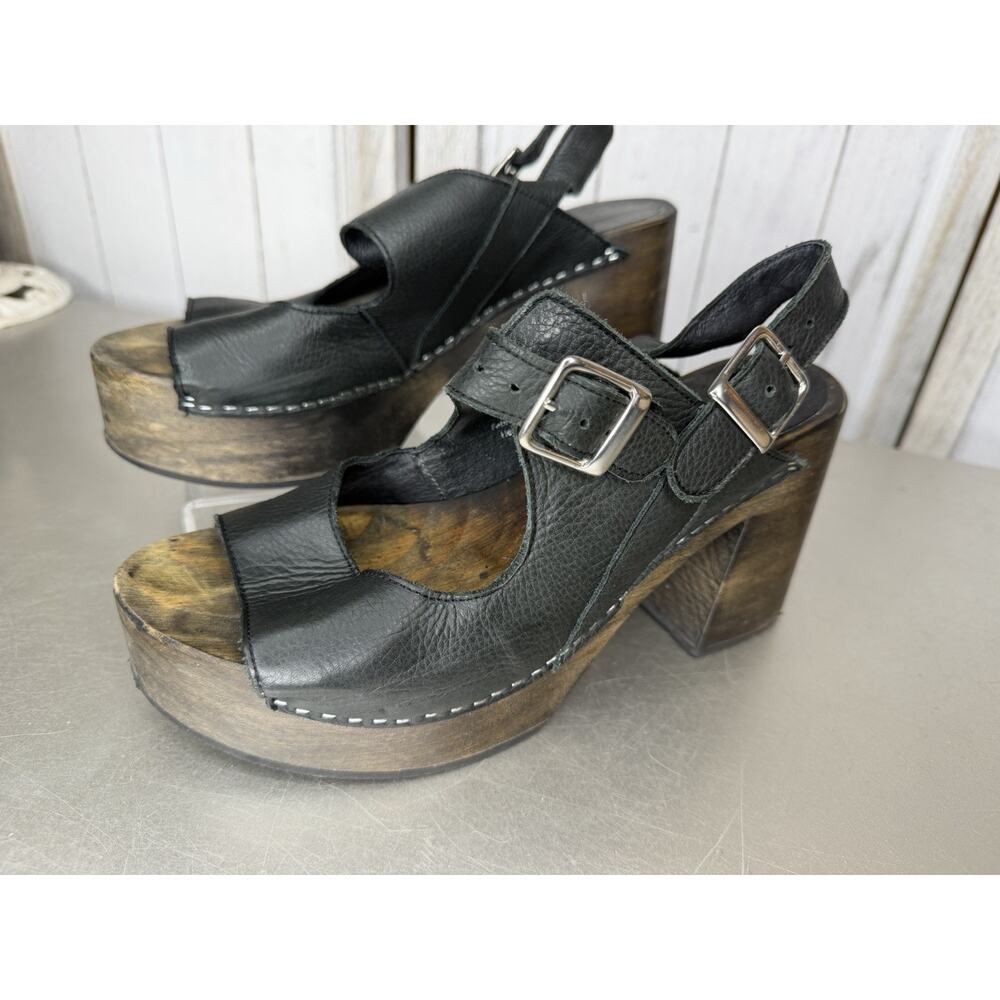 Free People Chunky Leather Wood Platform Clogs Boho Festival Retro 37 US 7